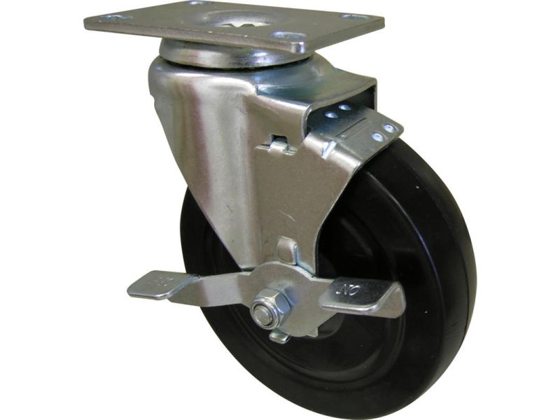 5-Inch Rubber Swivel Plate Caster with Side Brake, 200-lb Load Capacity