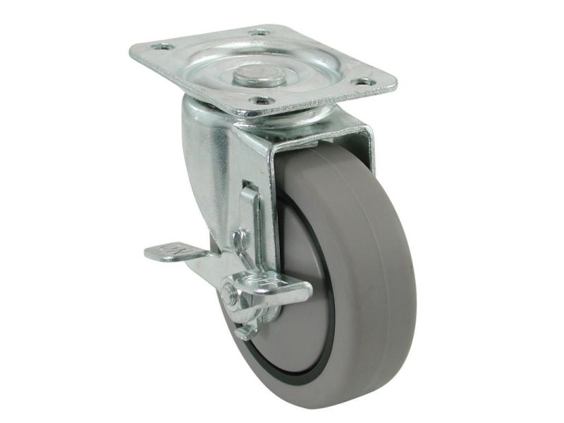 4-Inch Swivel Plate Caster, Rubber Wheel on Polypropylene Hub with Brake, 250-lb Load Capacity