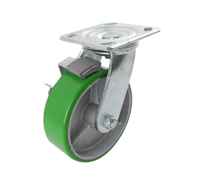 Castor Brake-Steel Hub Green PU Swiv/Plate 150mm