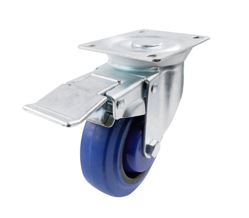 Castor Blue Elast Rub. Swiv/Plate TL Brake 100mm