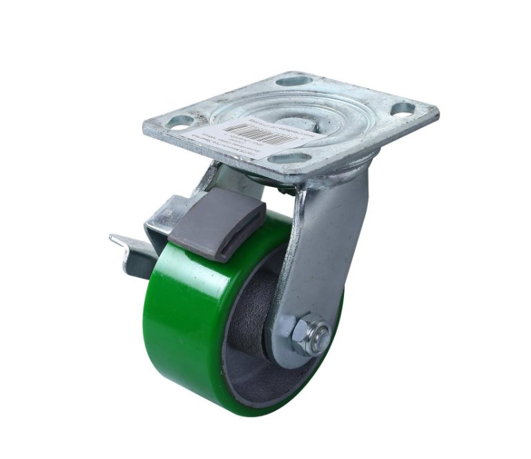 Castor Brake-Steel Hub Green PU Swiv/Plate 100mm