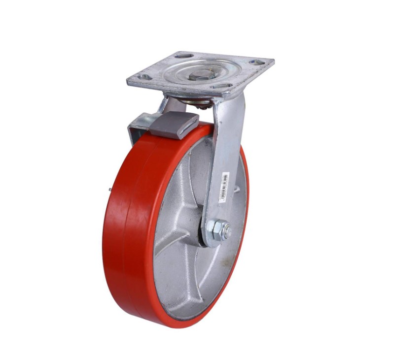 RED POLY'THANE SWIV BRAKE CASTOR STEEL HUB 200MM