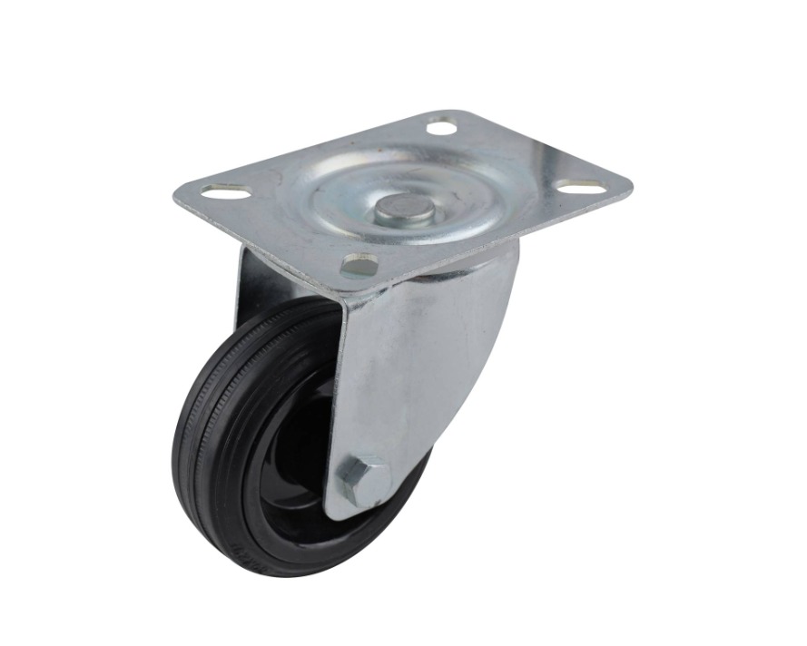 Black rubber swivel wheel 80mm, roller bearing, zinc plated top 105X85mm, 70kg