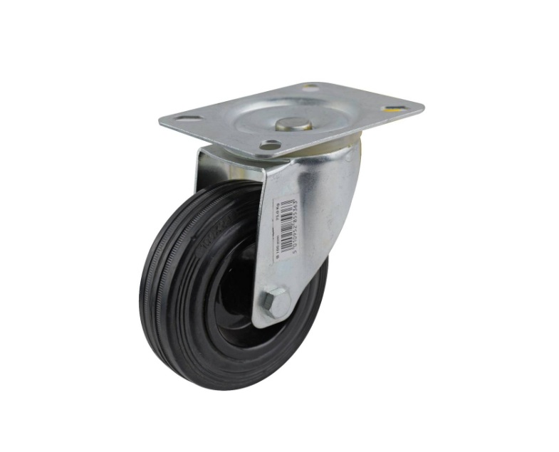 Black rubber swivel wheel 100mm, roller bearing, zinc plated top 105X85mm, 75kg