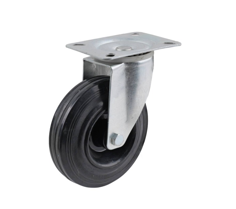 Black rubber swivel wheel 125mm, roller bearing, zinc plated top 105X85mm, 100kg
