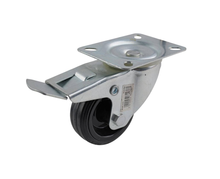 Black rubber swivel wheel 80mm, roller bearing, zinc plated top 105X85mm, with brake, 70kg