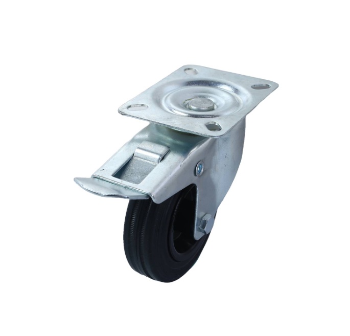 Black rubber swivel wheel 100mm, roller bearing, zinc plated top 105X85mm, with brake, 75kg