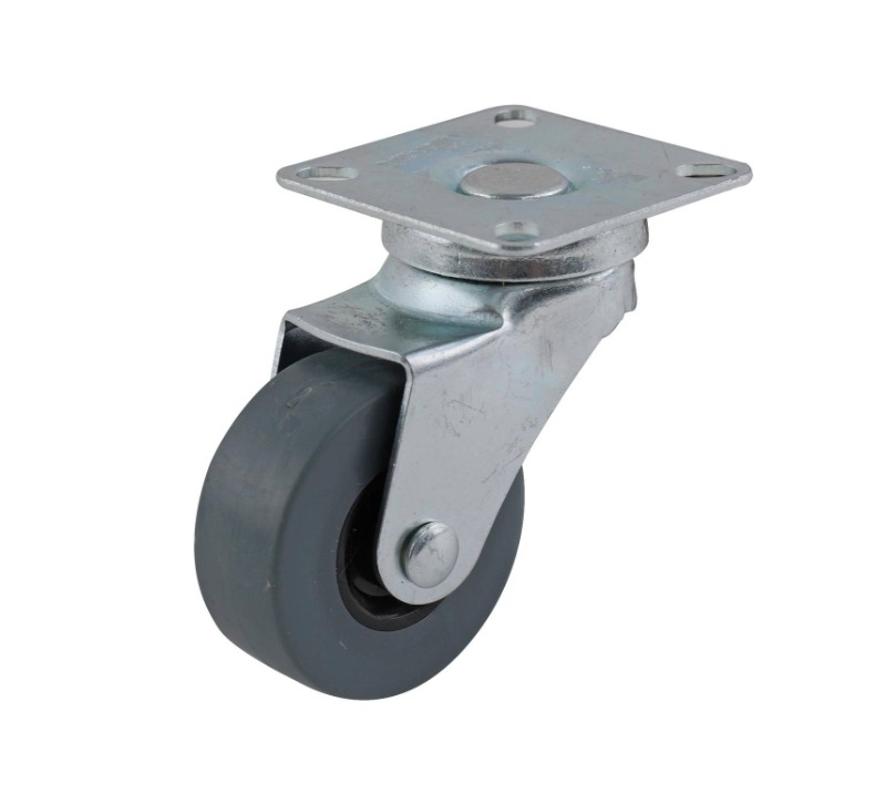 Grey rubber swivel wheel 40mm, top plate 42X42mm, single raceway, zinc plated, 25kg