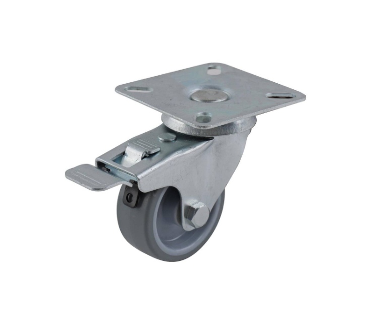 Grey PU swivel wheel 50mm, plain bearing, zinc plated fork 60X60mm, with brake, 40kg