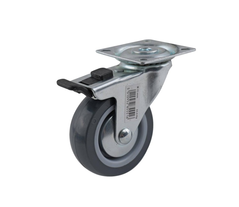 Grey PU swivel wheel 75mm, plain bearing, zinc plated top 60X60mm, with brake, 60kg