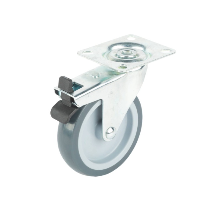 Grey PU swivel wheel 100mm, Zinc plated top 77X67mm, with brake, 70kg