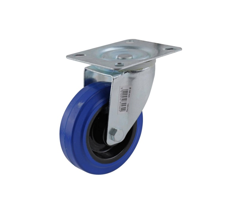 Blue elastic rubber swivel wheel 100mm, roller bearing, zinc plated top 105X85mm, double ball raceway, 100kg