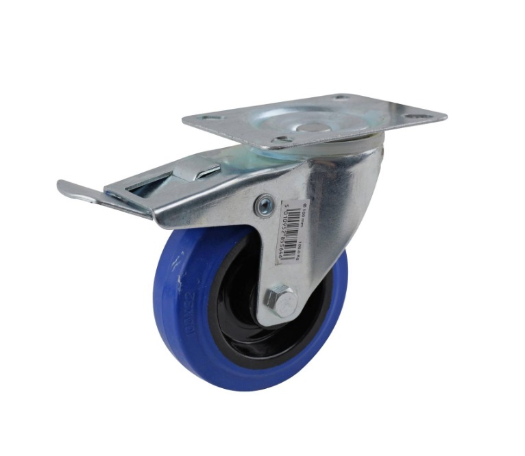 Blue elastic rubber swivel wheel 100mm, roller bearing, zinc plated top 105X85mm, double ball raceway, with brake, 100kg