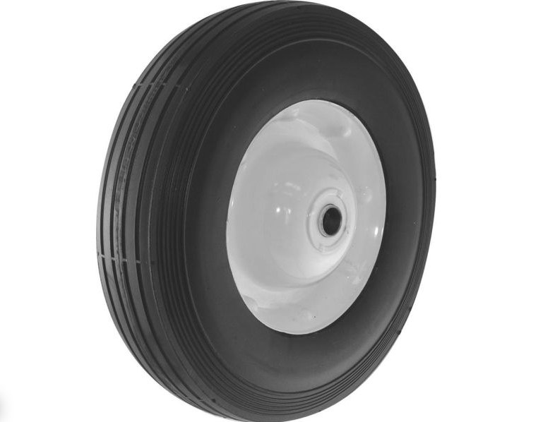 10-Inch Semi-Pneumatic Rubber Tire, Steel Hub with Ball Bearings, Ribbed Tread, 5/8-Inch Bore Centered Axle