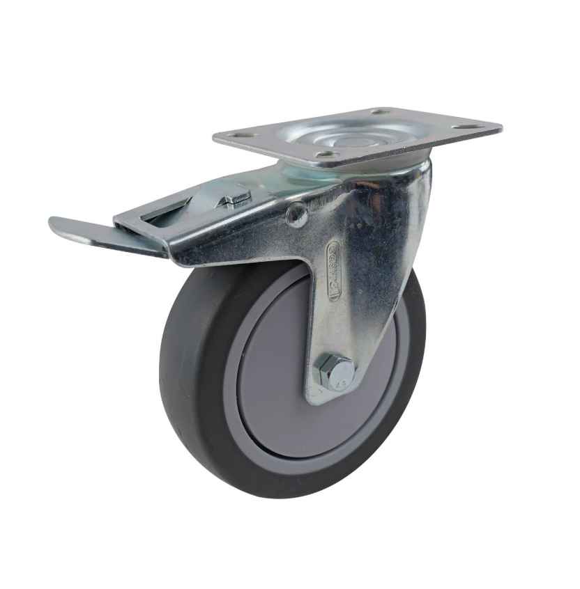 125MM GREY RUBBER SWIVEL PLATE BRAKE 100KG