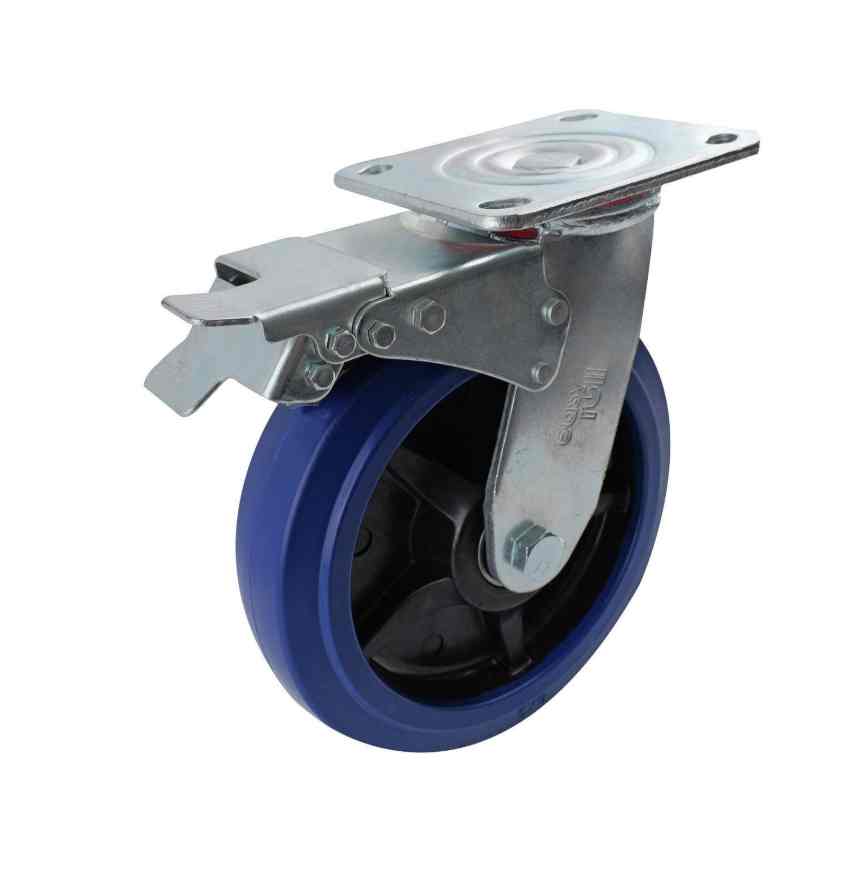 200MM BLUE RUBBER SWIVEL PLATE BRAKE CASTOR 500KG