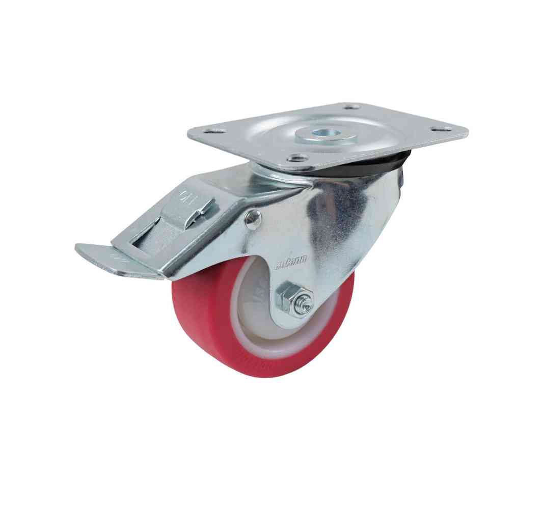80MM RED URETHANE SWIVEL PLATE BRAKE CASTOR 130KG