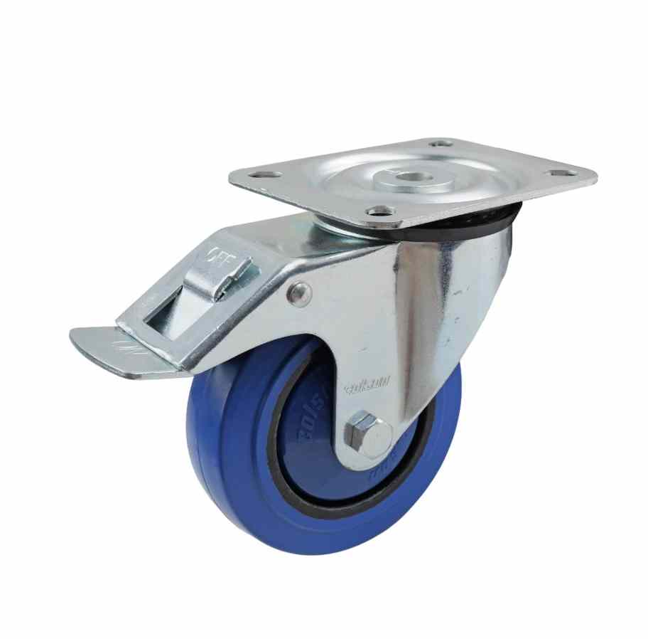 100MM BLUE RUBBER SWIVEL PLATE BRAKE CASTOR
