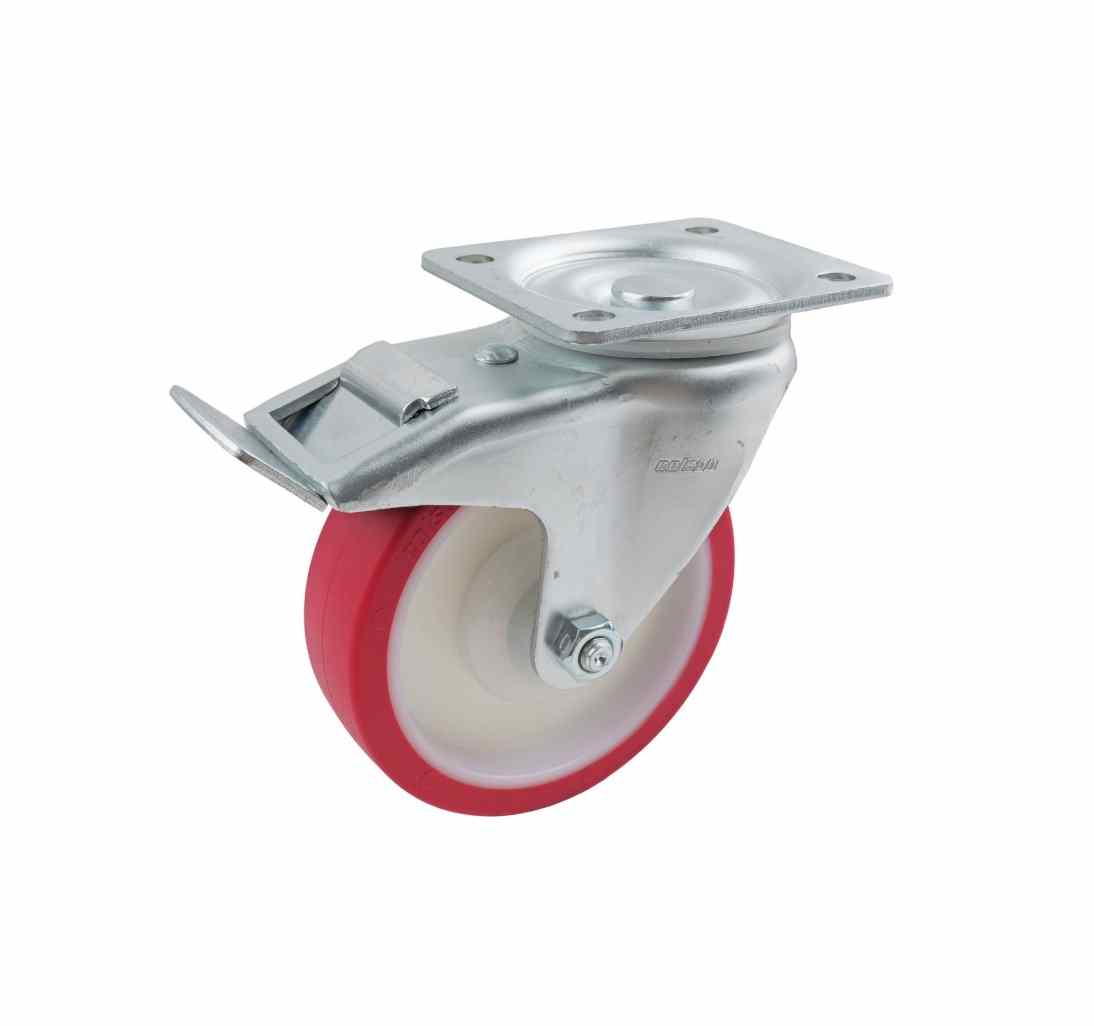125MM RED URETHANE SWIVEL PLATE BRAKE CASTOR