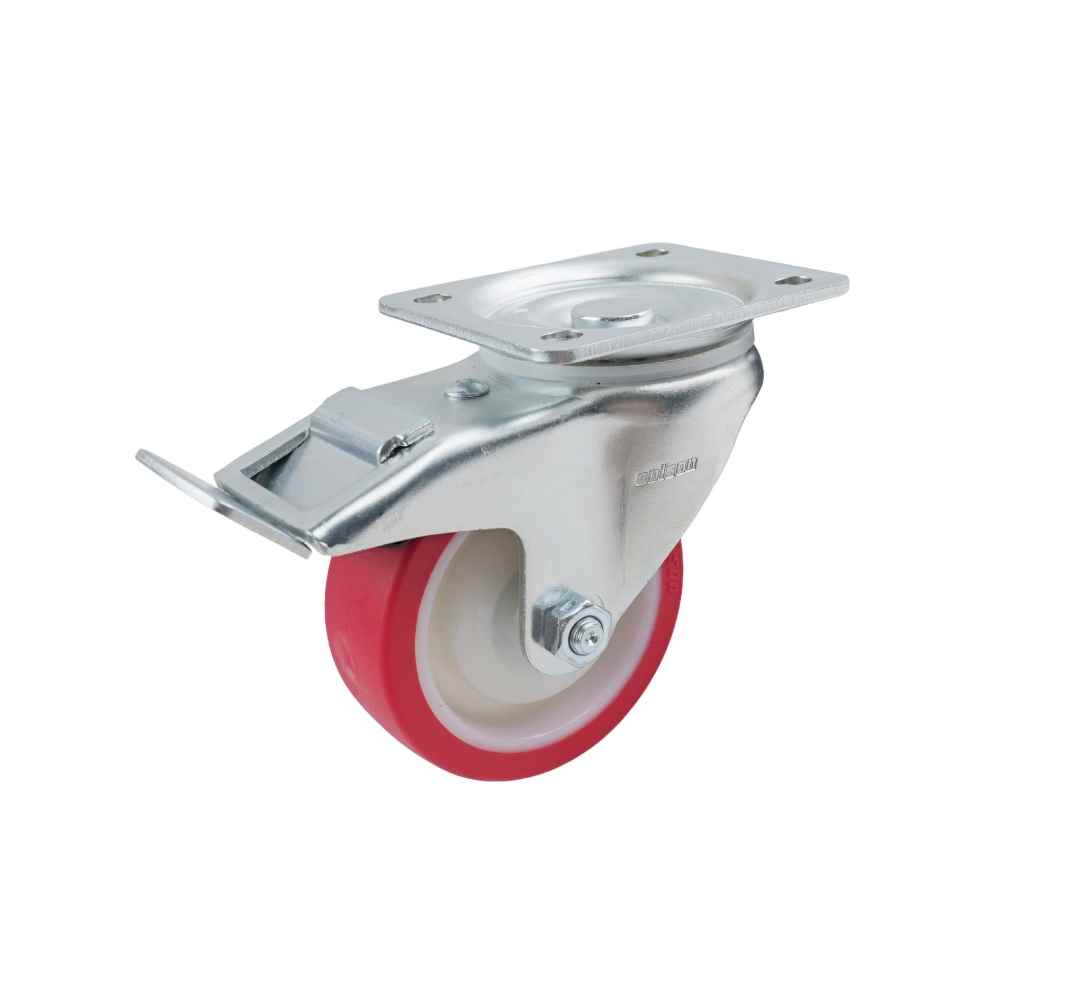 100MM RED URETHANE SWIVEL PLATE BRAKE CASTOR