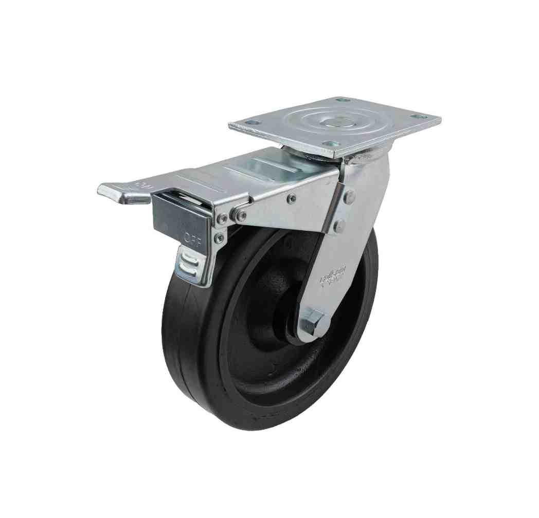 200MM BLACK RUBBER/CI SWIVEL PLATE BRAKE CASTOR