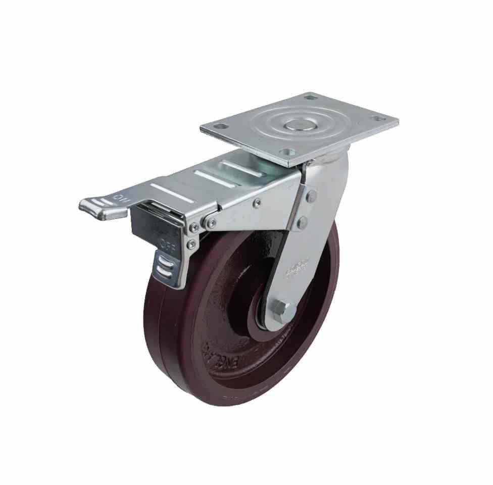 200MM URETHANE/CI SWIVEL PLATE BRAKE CASTOR