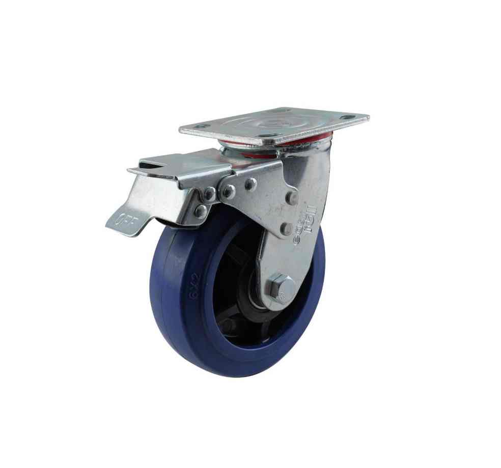 150MM BLUE RUBBER SWIVEL PLATE BRAKE CASTOR