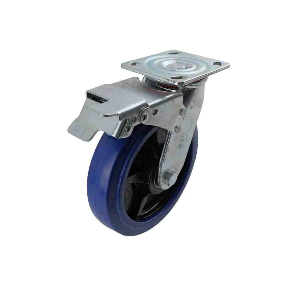 200MM BLUE RUBBER SWIVEL PLATE BRAKE CASTOR