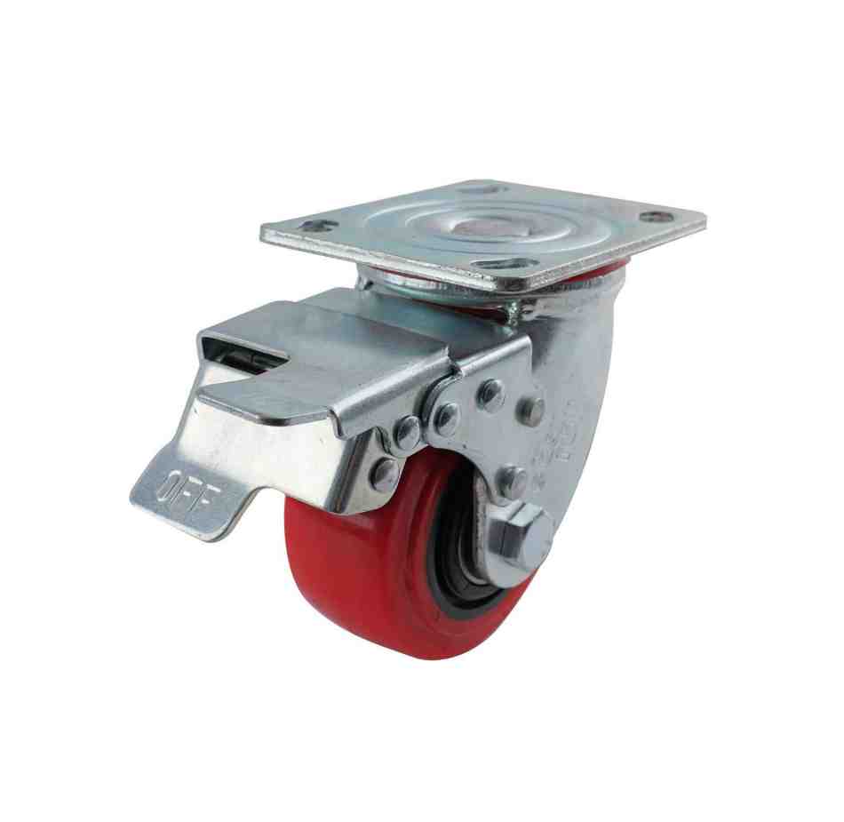 100MM RED URETHANE SWIVEL PLATE BRAKE CASTOR
