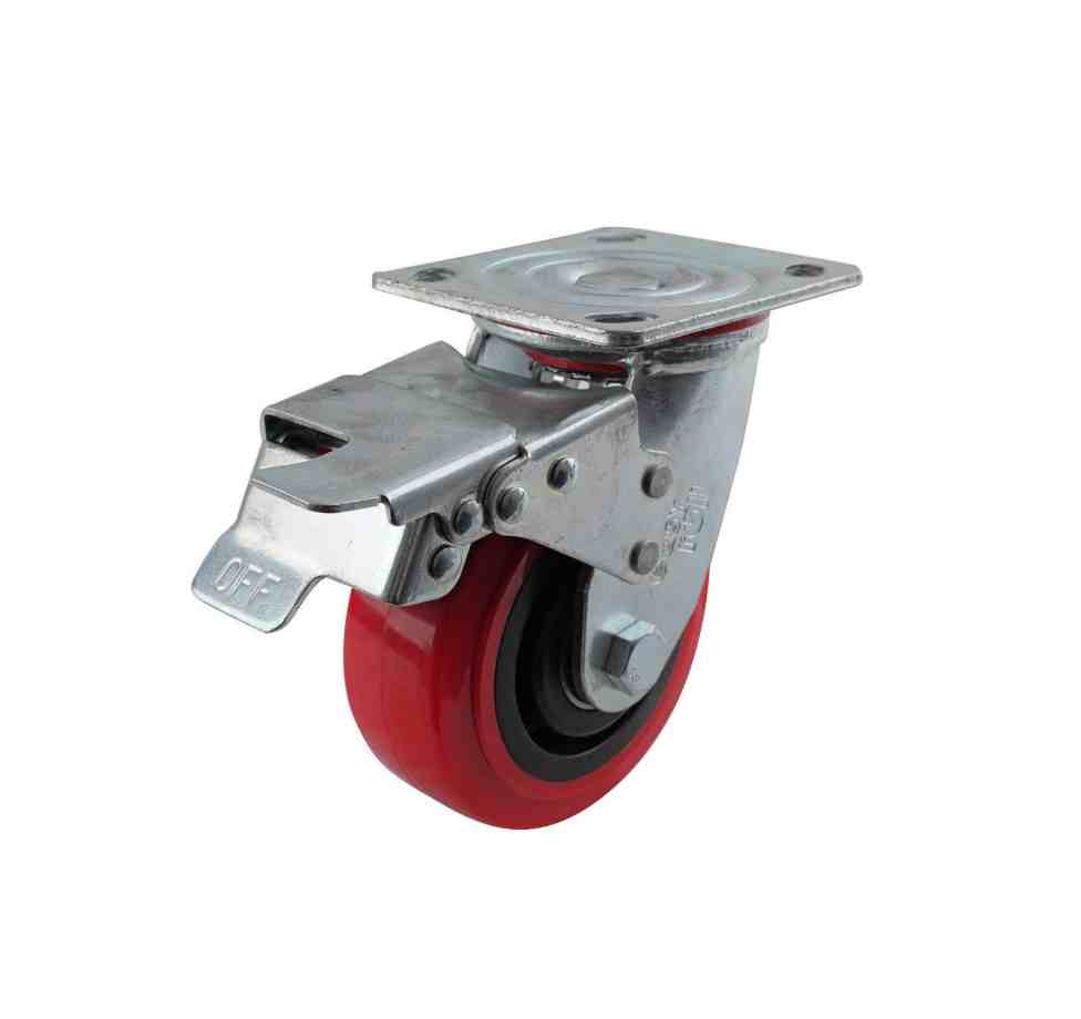 125MM RED URETHANE SWIVEL PLATE BRAKE CASTOR