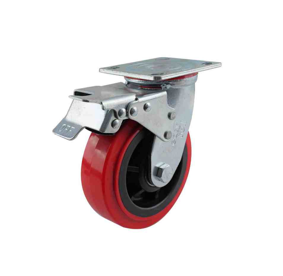 150MM RED URETHANE SWIVEL PLATE BRAKE CASTOR