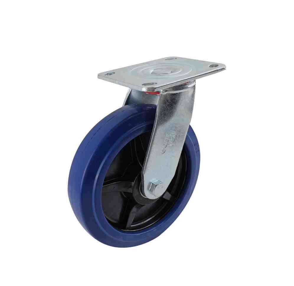 200MM BLUE RUBBER SWIVEL PLATE CASTOR 500KG