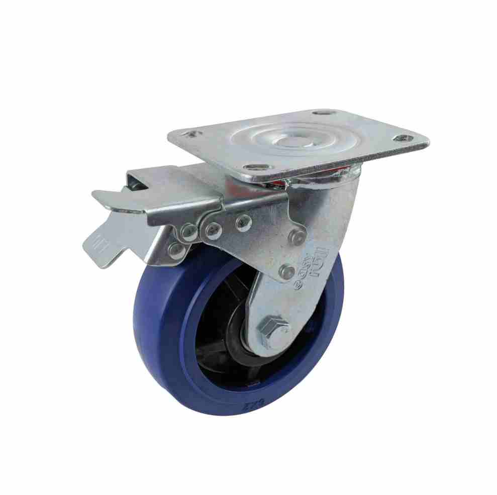 150MM BLUE RUBBER SWIVEL PLATE BRAKE CASTOR