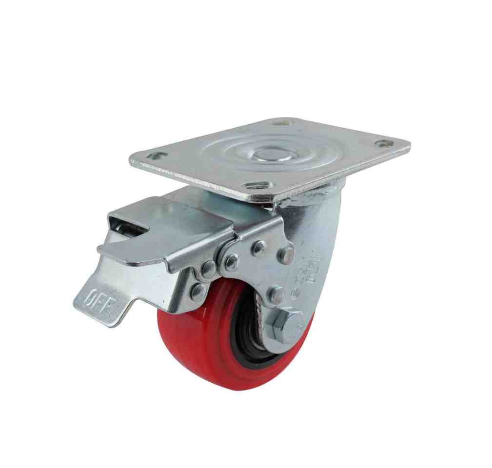 100MM RED URETHANE SWIVEL PLATE BRAKE CASTOR