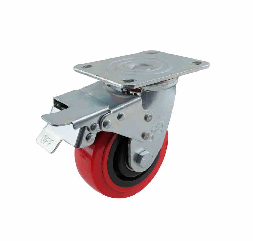 125MM RED URETHANE SWIVEL PLATE BRAKE CASTOR