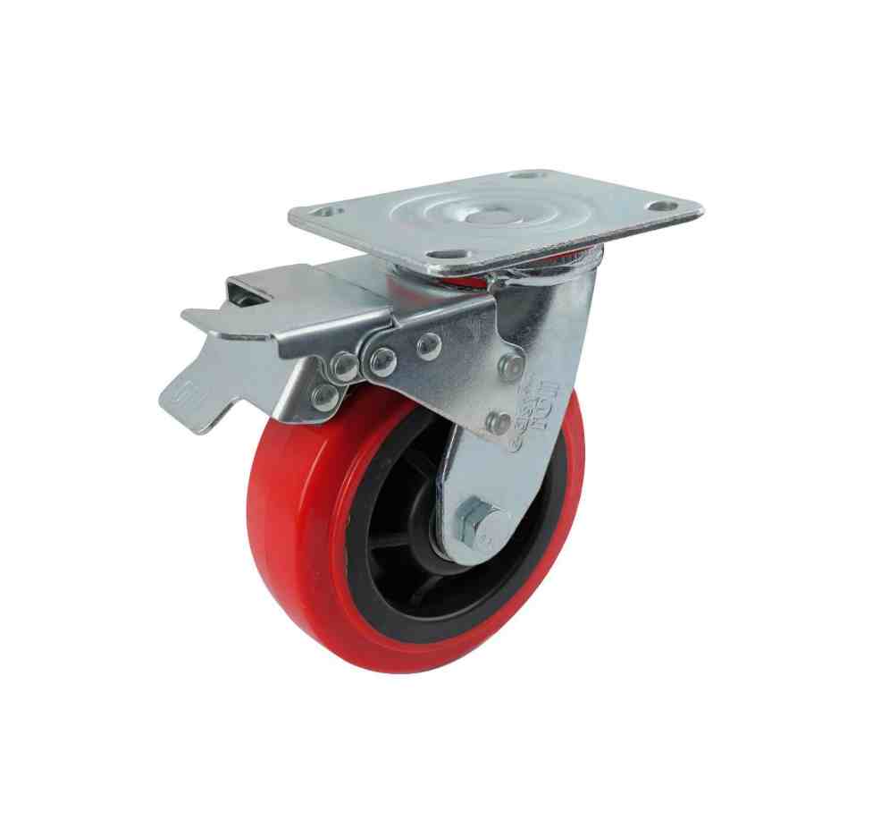 150MM RED URETHANE SWIVEL PLATE BRAKE CASTOR