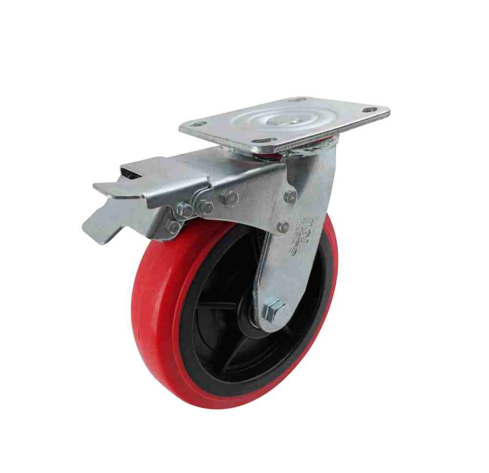 200MM RED URETHANE SWIVEL PLATE BRAKE CASTOR