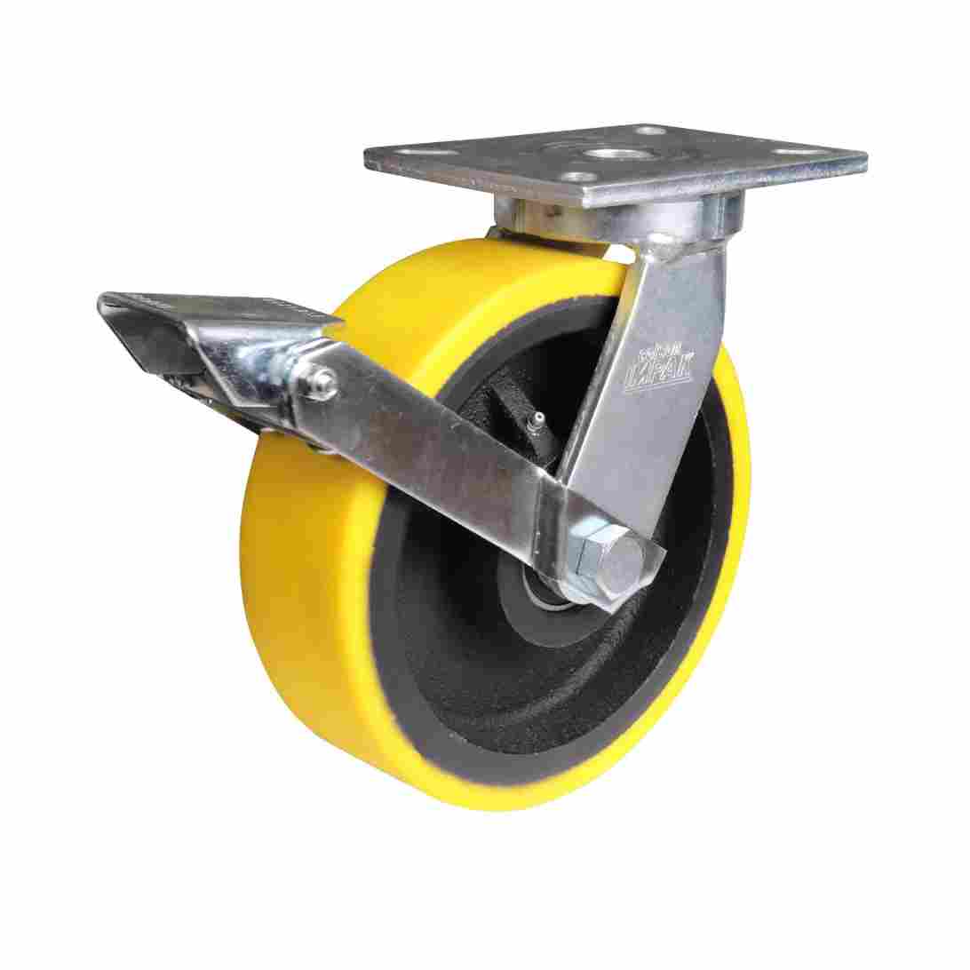 250MM URETHANE/CAST IRON SWIVEL PLATE WHEEL BRAKE CASTOR