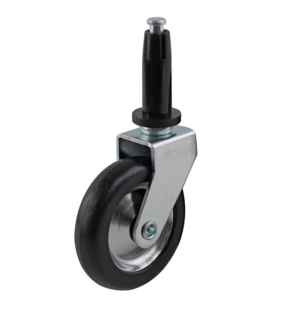 Black PVC swivel wheel 50mm, nickel plated fixture, M10x34mm shank, 25kg