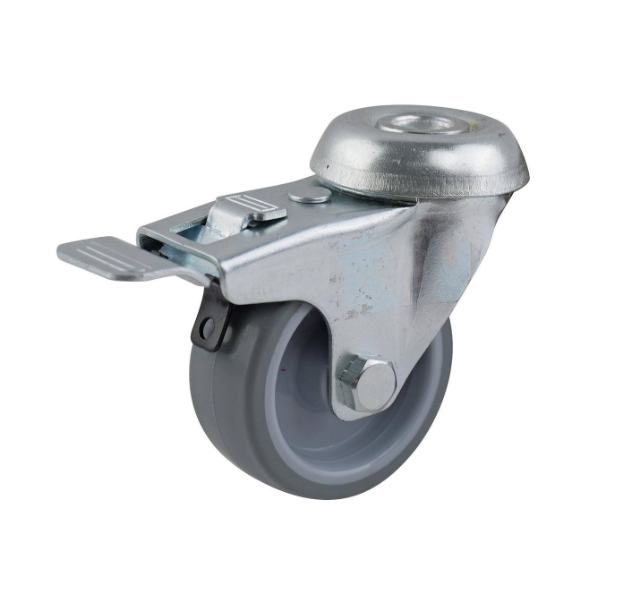 Grey PU swivel wheel 50mm, plain bearing, zinc plated bolt hole, with brake, 40kg