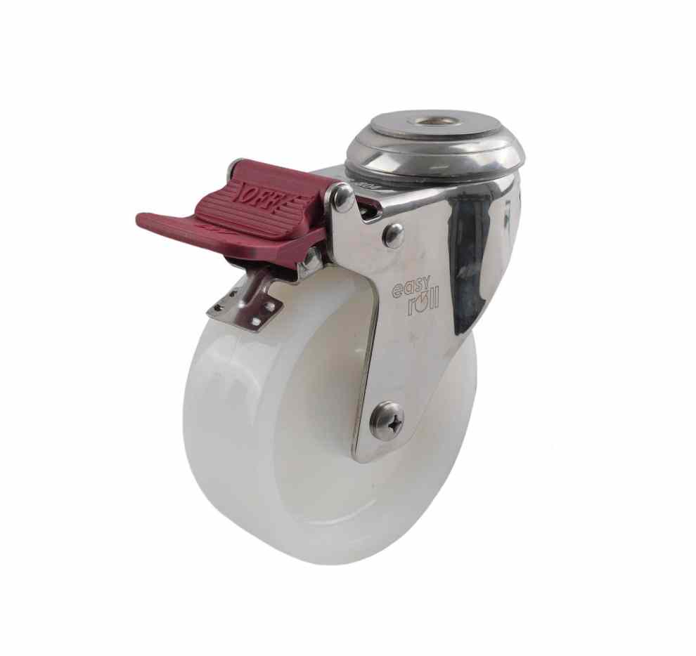 SS 100MM WHITE NYLON BOLT HOLE BRAKE CASTOR