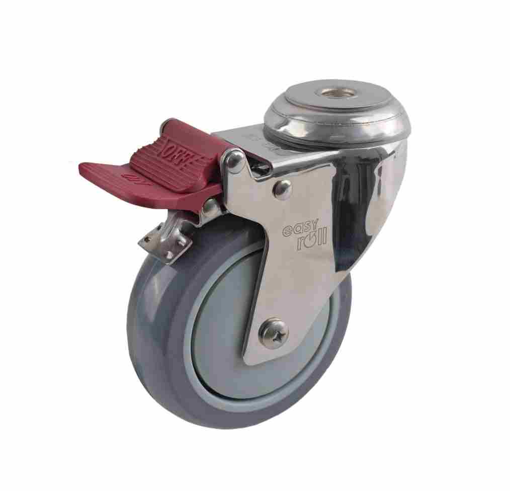 SS 100MM GREY URETHANE BOLT HOLE BRAKE CASTOR