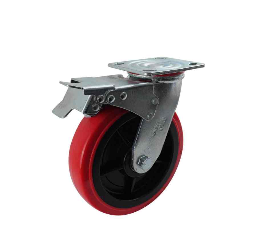 150MM RED URETHANE SWIVEL PLATE BRAKE CASTOR