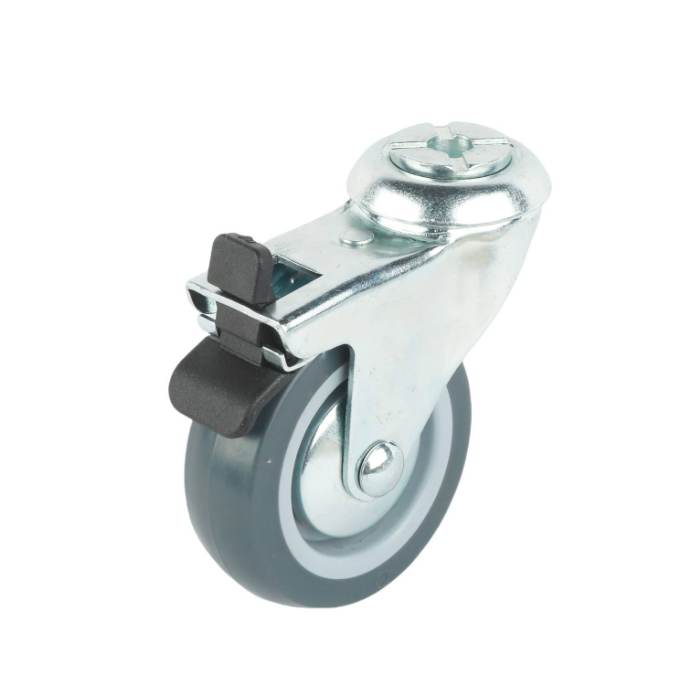 Grey PU swivel wheel 75mm, plain bearing, zinc plated bolt hole, with brake, 60kg