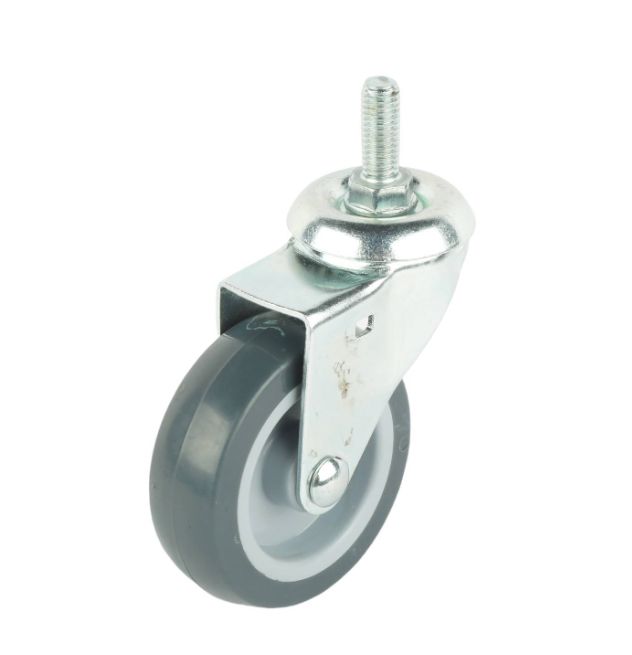Grey PU swivel wheel 75mm, plain bearing, zinc plated, threaded stem size: M10x25mm, 60kg