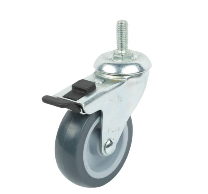 Grey PU swivel wheel 75mm, plain bearing, zinc plated, with brake, threaded stem size: M10x25mm, 60kg