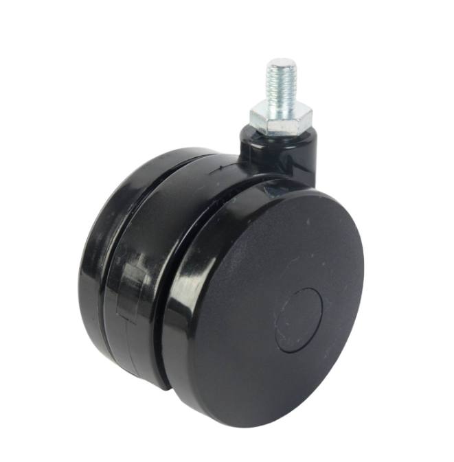Black nylon swivel twin wheels 75mm, threaded stem: M10x15mm, 50kg