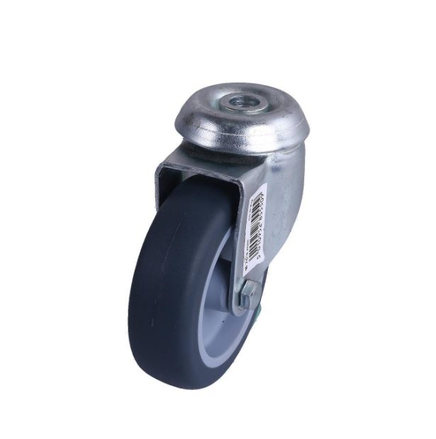 Grey PU swivel wheel 75mm, plain bearing, zinc plated bolt hole, 60kg