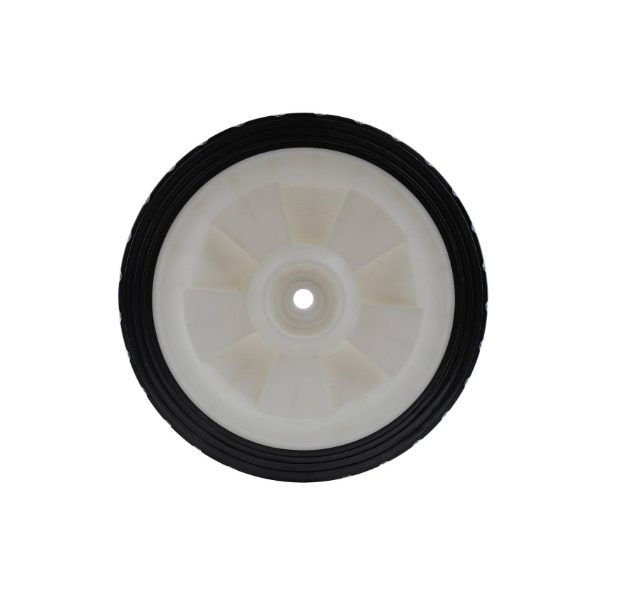 Black PVC/ white Polypropylene center wheel 200mm, hub diameter 12mm, 40kg