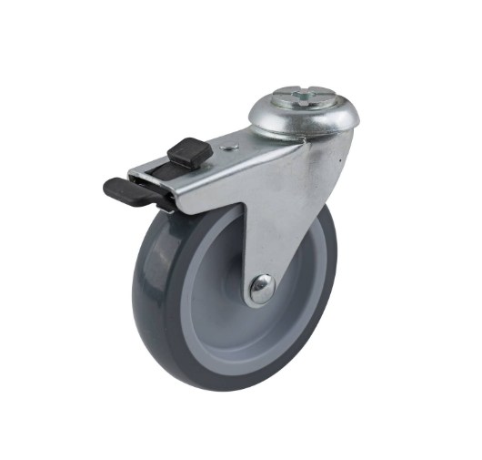 Grey PU swivel wheel 100mm, zinc plated bolt hole, with brake, 70kg